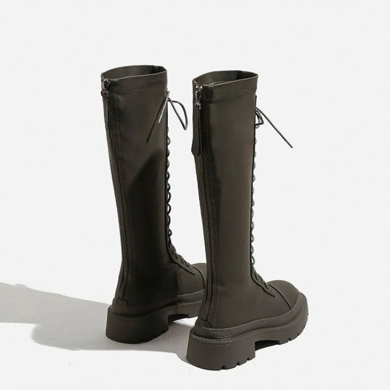 2022 Elegant Ladies Knee-High Boots Lace Up Round Toe Outdoor Female Casual Shoes Cross-tied Zippers Fashion Women Long Boots