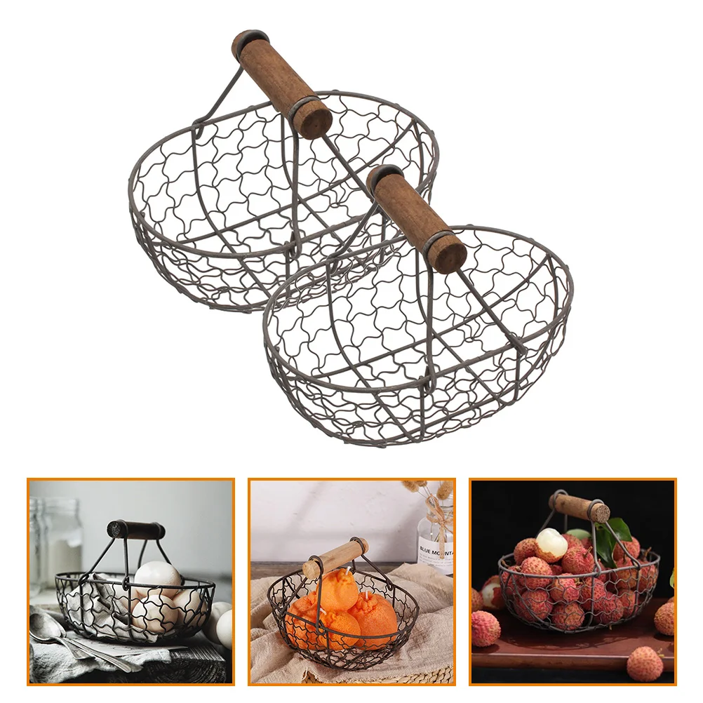 

Metal Wire Storage Basket Hollow Iron Fruit Basket Bread Storage Holder Egg Basket With Wooden Handle For Kitchen