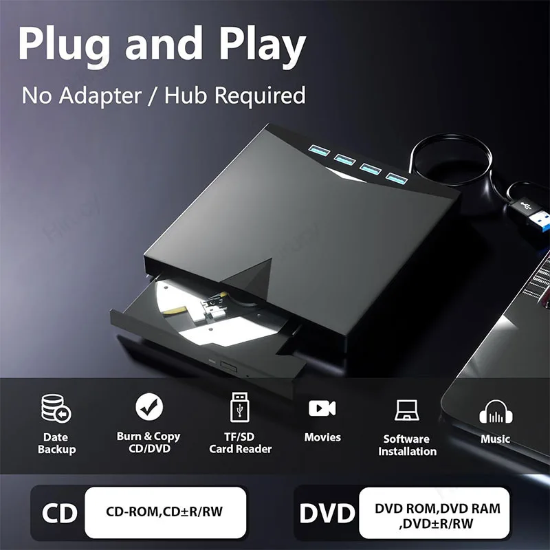 외장 DVD CD RW 광학 드라이브, 휴대용 DVD 버너, USB 3.0 SD TF 카드 슬롯 CD 플레이어 라이터, 노트북 PC 윈도우용