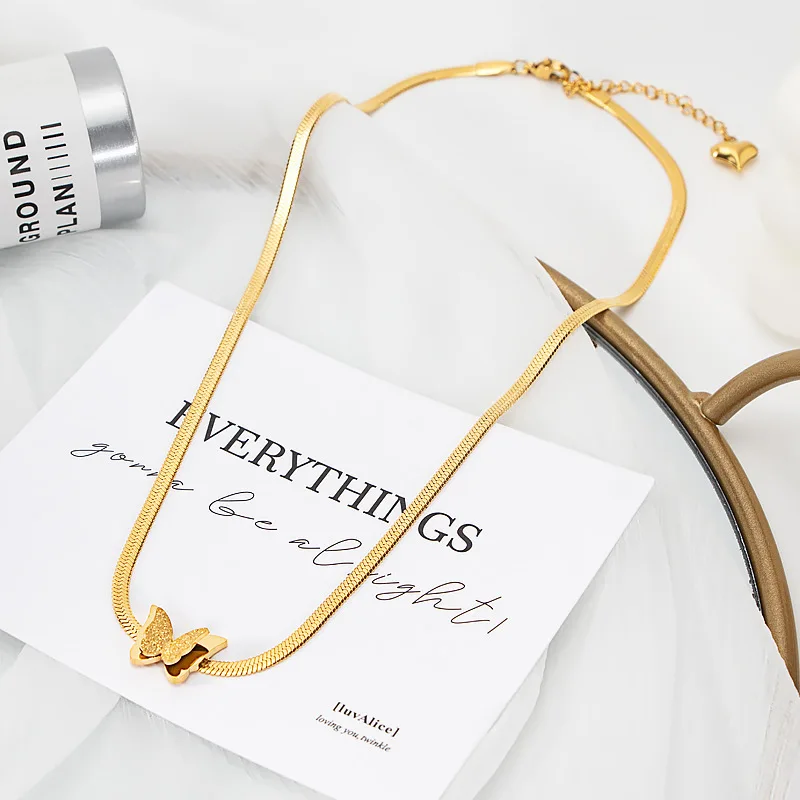 Stainless Steel Fashion Flat Snake Bkade Chain Butterfly Tassel Pendant Necklace For Women Jewelry Accessories Dropshipping
