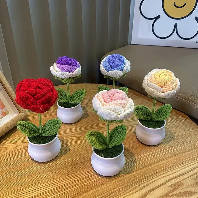 Hand Woven Lily Valley Potted Home Decoration Knitted Simulated Flower Yarn Crochet Flower Pot Sunflower Bouquet Gift DIY Hand