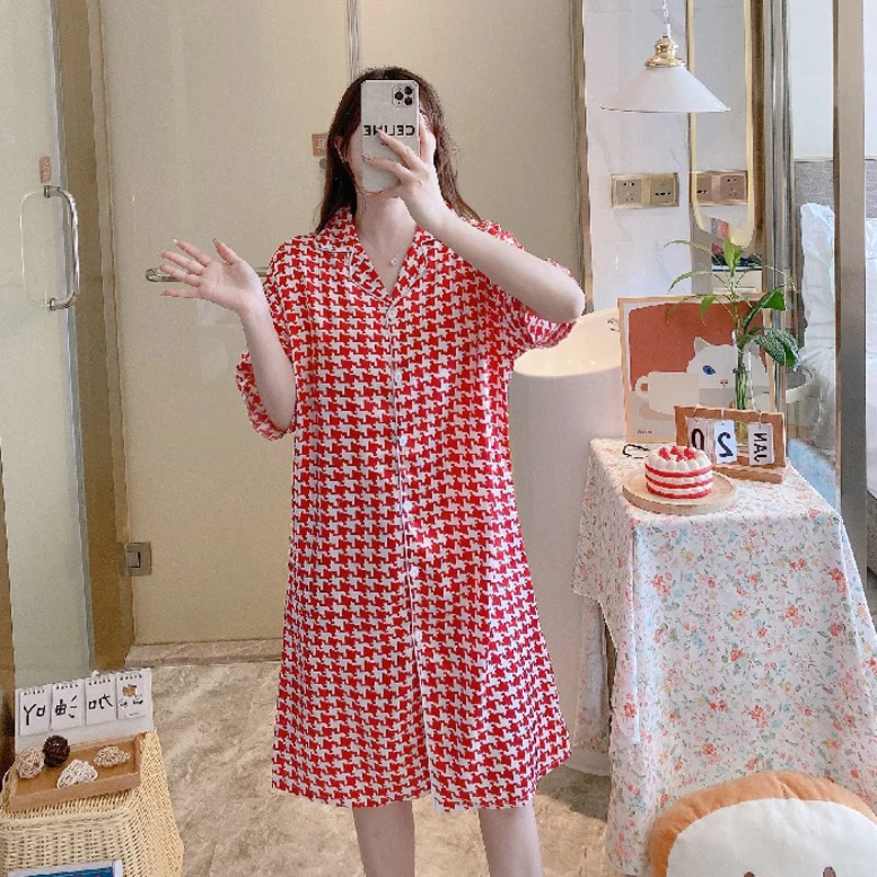 Summer Soft Silk Nightgown Half Sleeve Grid Zebra Cow Stria Printing Homedress Leisure Satin Nightdress For Women Shirt Skirt