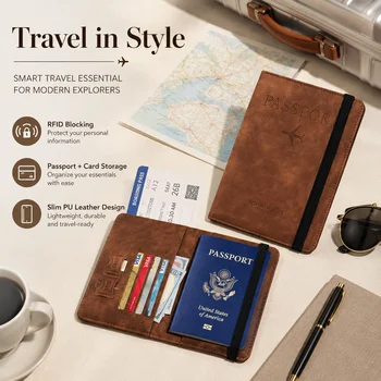 Porta Passaporto di Alta Qualità, Portafoglio da Viaggio in Pelle PU, Elegante e Semplice con Blocco RFID 2 in 1