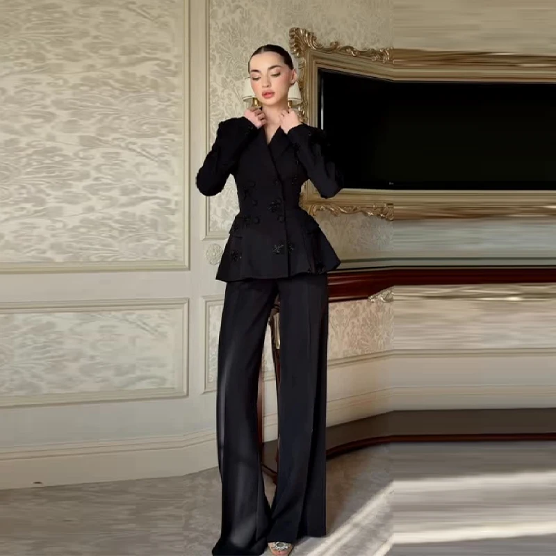 Womens Beaded Double Breasted Jacket Set With Peplum And High Waisted Wide Leg Pants Casual Suit