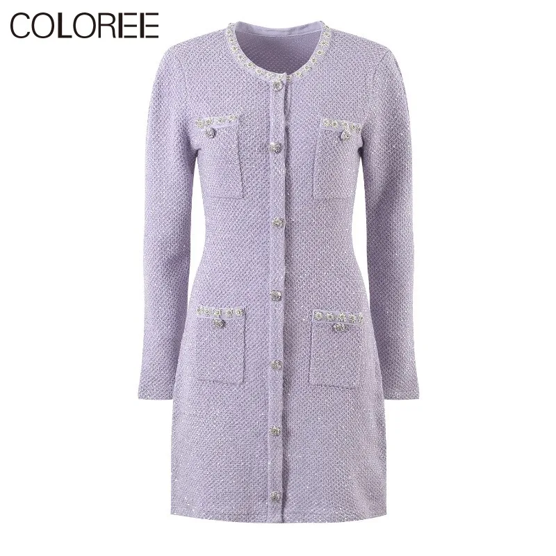 

Runway Designer Dress Women Luxury Sequined O-neck Long Sleeve Purple Knitted Wool Dresses 2023 Korean Fashion Vestido Feminino
