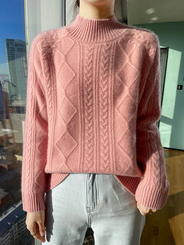 

Autumn Winter Women Thick Pullover Sweater 100% Merino Wool Twist Argyle Mock Neck Cashmere Knitted Jumper Korean Fashion Tops