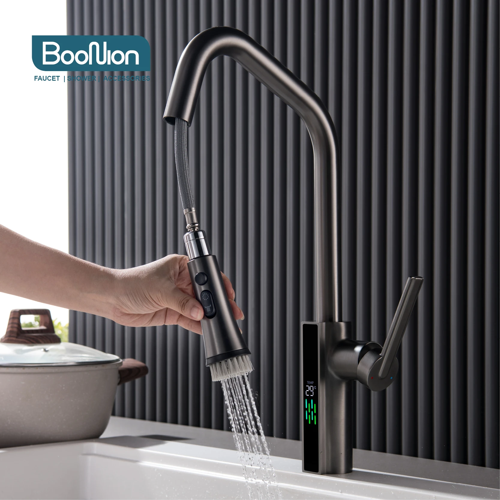 

Boonion brass LED digital display temperature cold and hot kitchen faucet three water modes that can be pulled out black