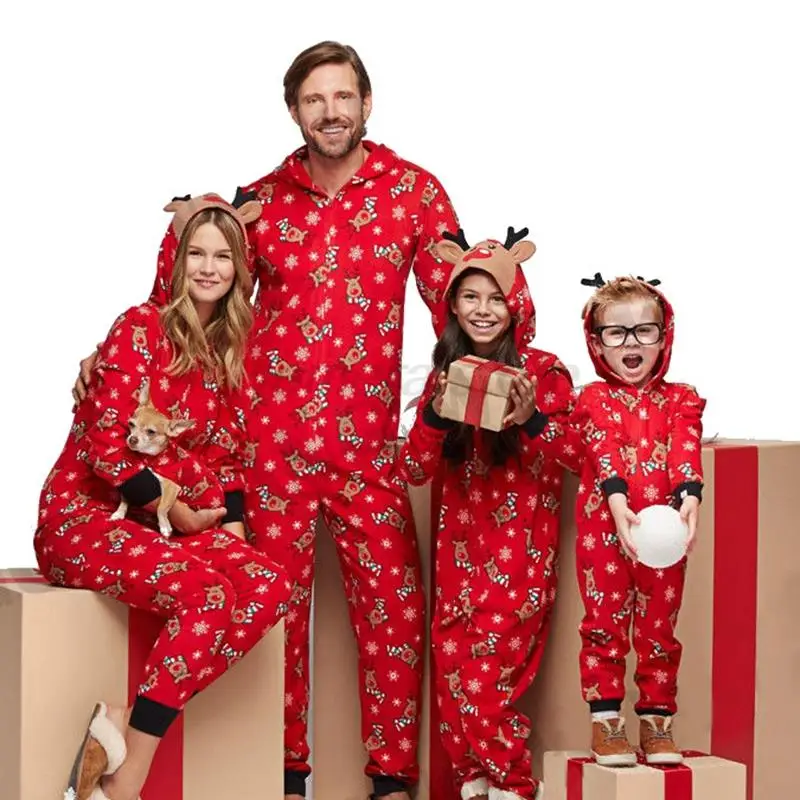 

2023 New Christmas Moose Print Family Matching Outfits Adults Kids Cute Ear Hooded Rompers Zipper Overalls Jumpsuits Family Look