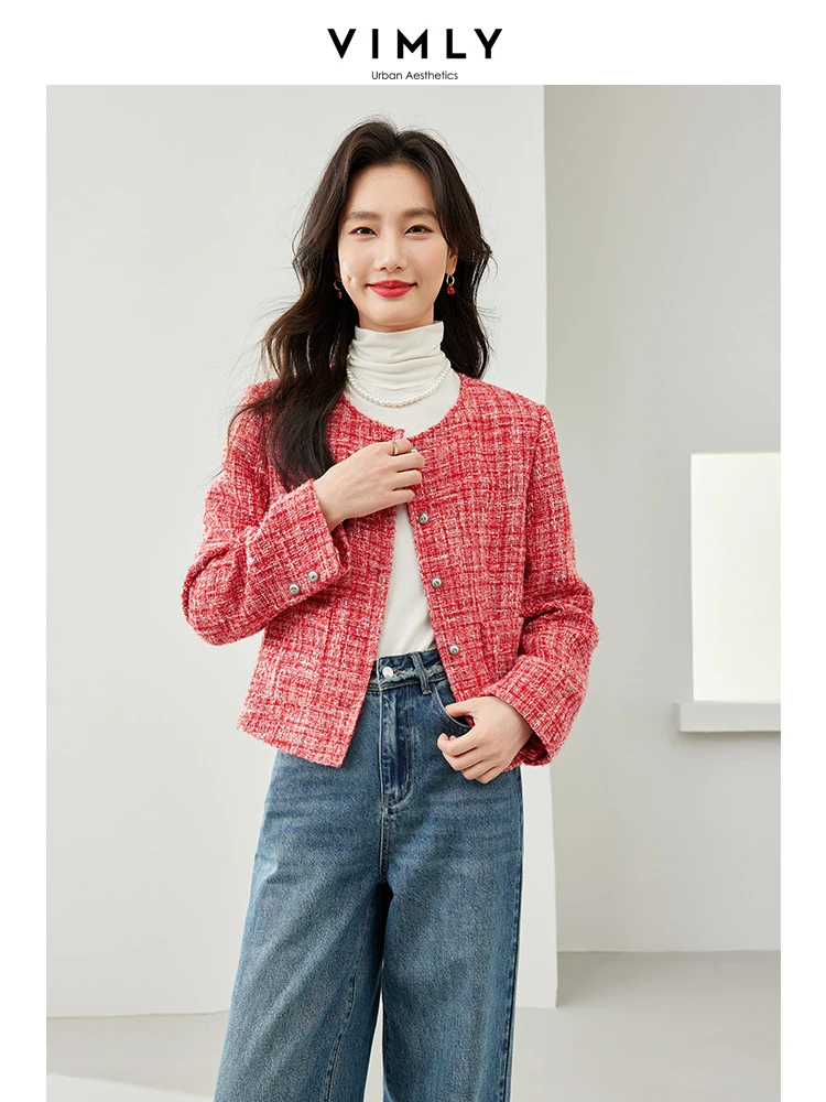 VIMLY Women's Woolen Cropped Jacket Elegant Short Blazer Autumn Winter Office Lady Coat Long Sleeve Simple Outerwear M5555 main image 0