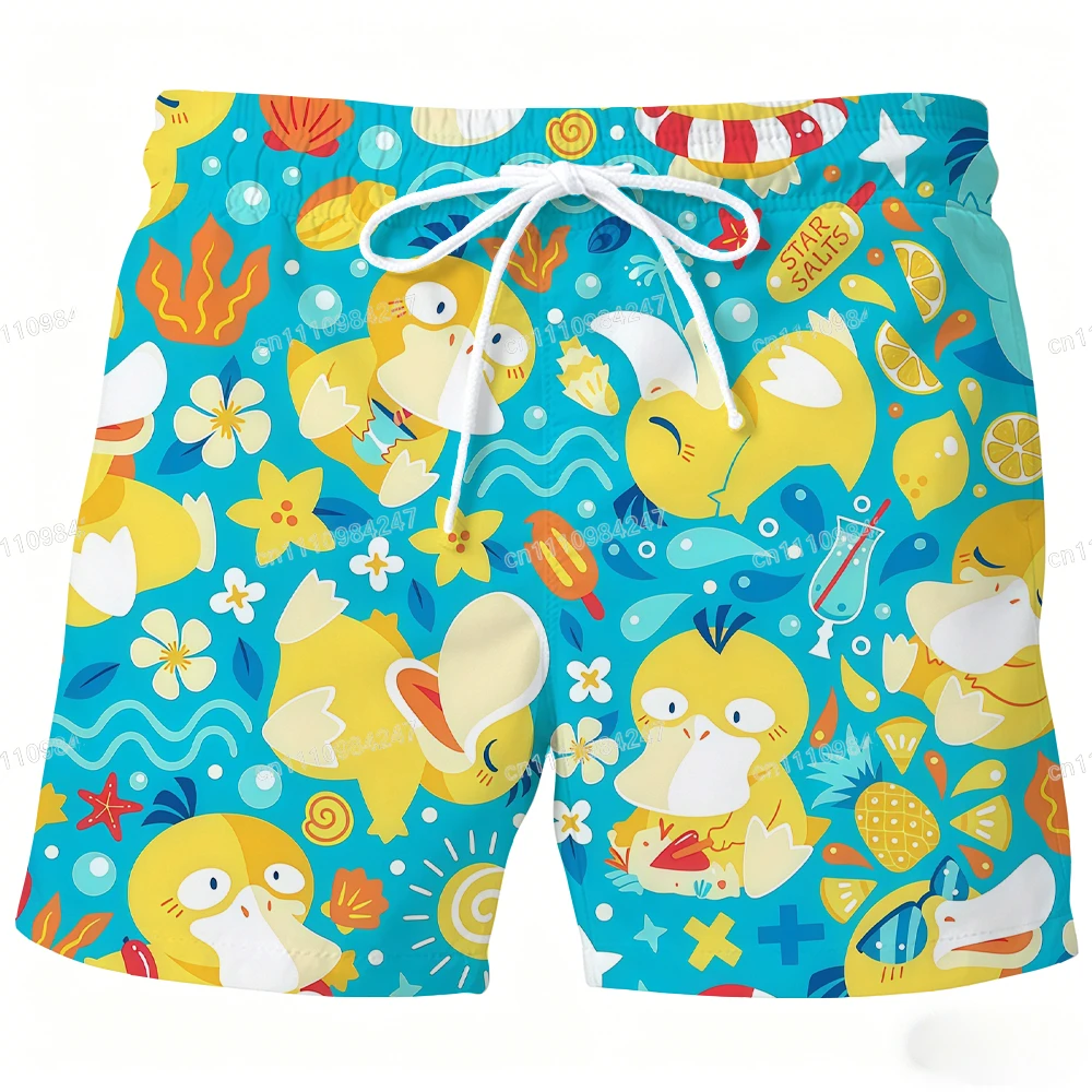2026 Sommer Psyduck Strandshorts Pokemon Cartoon Schnelltrocknende Boardshorts Niedlicher Enten-Print Lässige Urlaubshose für Herren Damen Sport