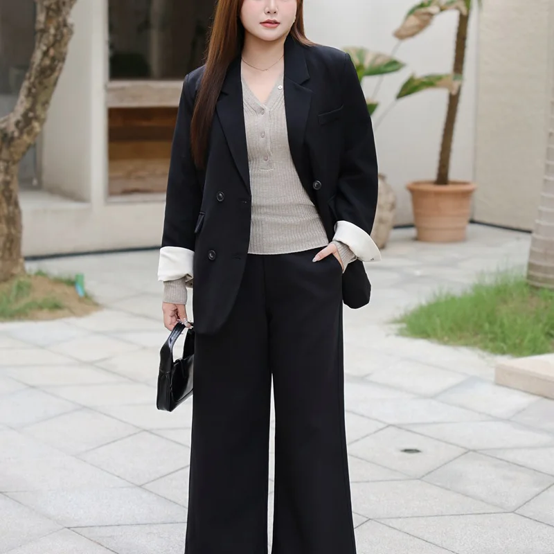 Plus Size Women's Blazer Premium Casual Black Texture Block Color Cuffs OL Micro Loose Double Breasted Tailored Suit Jacket