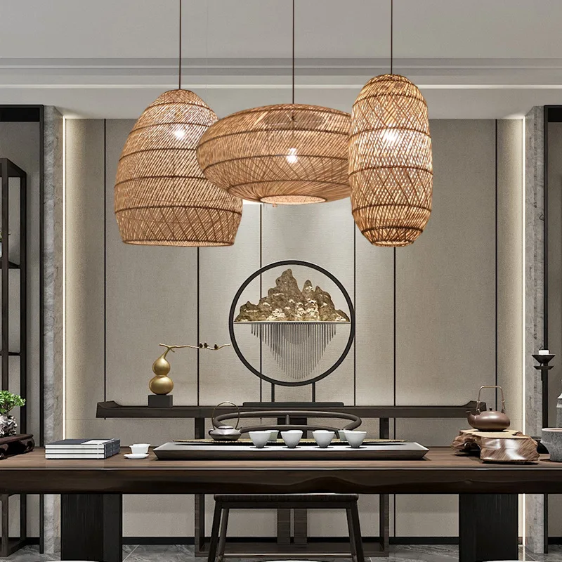 

Natural Rattan wicker hanging lamp Chinese Style suspension vintage for Living Room Dining Room farmhouse lighting