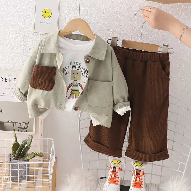 

2023 Fall Kids Boutique Outfits for Boys Casual Single Breasted Long Sleeved Cardigan Coats White T-shirts Pants Infant Clothes