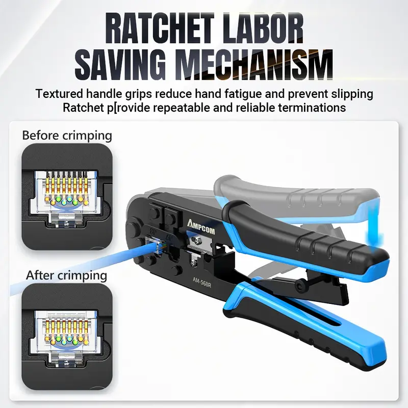 AMPCOM rj45 crimper RJ11 RJ45 Crimping Tool Ethernet Network LAN Cable Crimper Cutter Stripper Plier for 6P 8P RJ-11/RJ-12 RJ-45 - Image 3