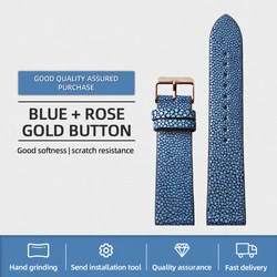 Luxurious Handmade Pearl Fish Leather Watchband - High - End Vintage Bracelet in Black, Blue, and Green Genuine Leather - 22mm (Bule rose gold)