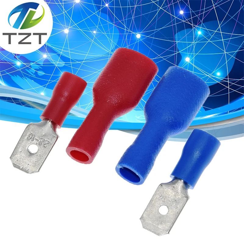 Bullet Connector 10pairs 6.3mm 16-14AWG Female Male Connector TZT Insulated Crimp Blue Red Terminal-block FDFD2-250 MDD2-250