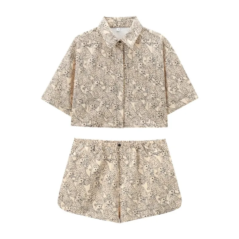 Leopard Print Color Block Short Sleeve Loose Shirt and Elastic Waist Pocket Pants Set