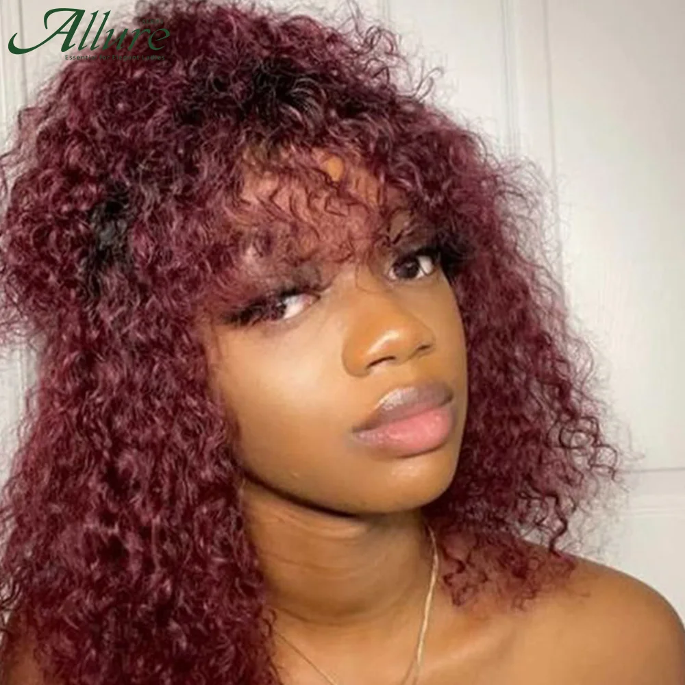 

Short 99J Jerry Curly Bob Human Hair Wig With Bangs Black Women Natural Colored Glueless Kinky Curly Brazilian Hair Wig Allure