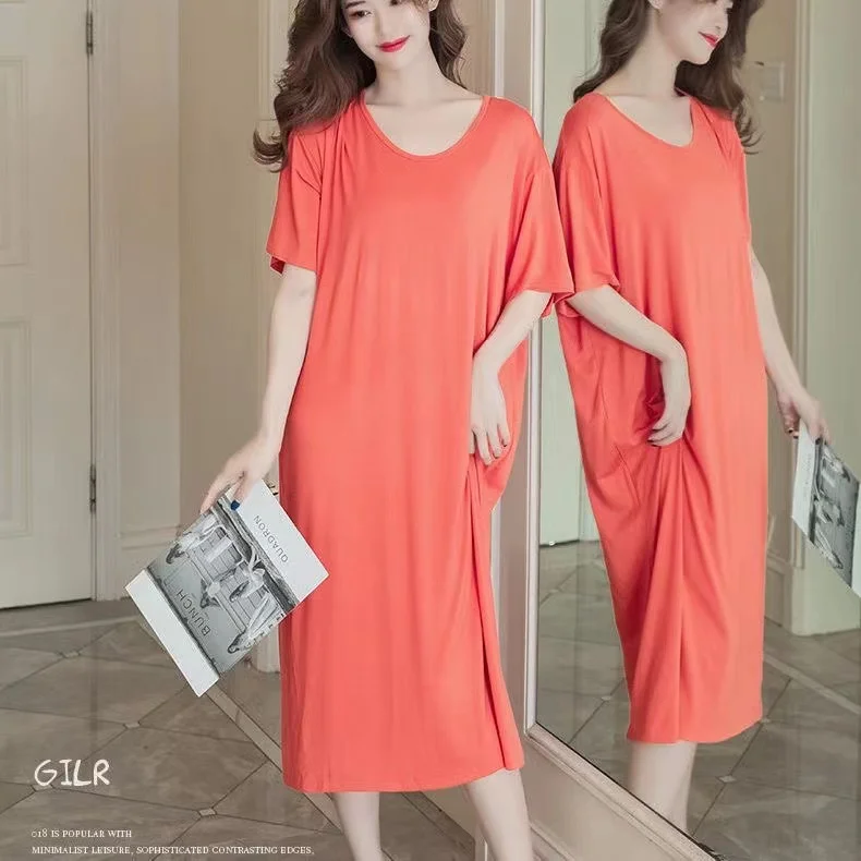 2024 Modal pajamas for women in summer with thin chest pads, one-piece bra pajamas, summer long, knee length, can be worn extern