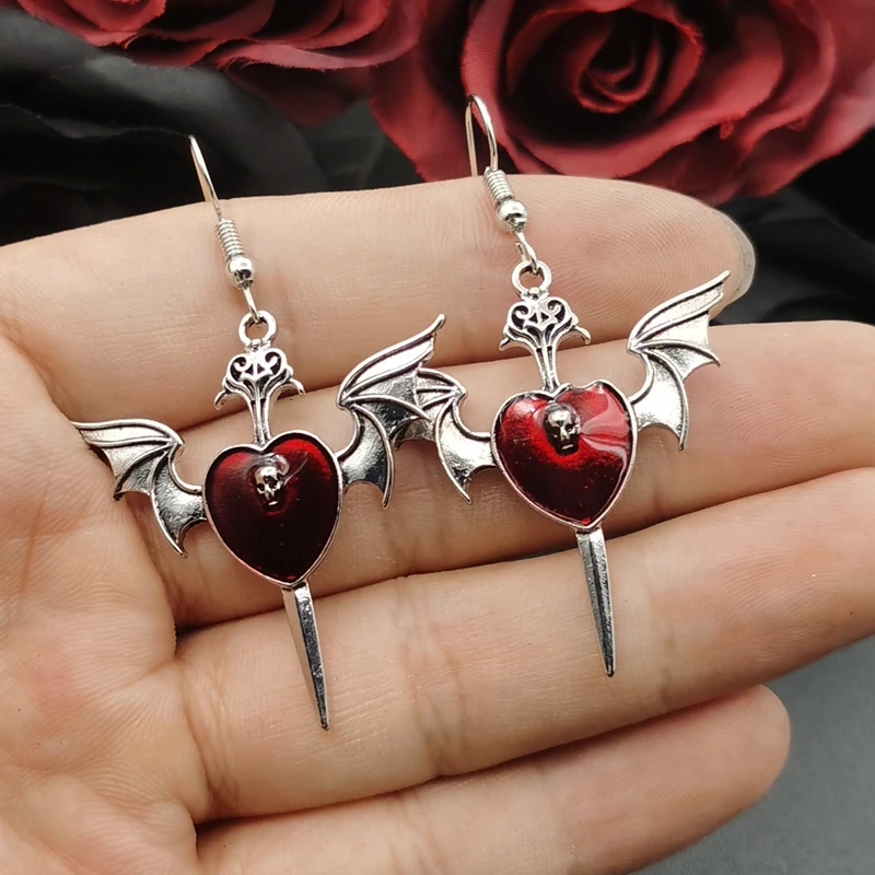 Wing Skull Heart Smalto Red Goth Peach Heart Orecchini Personalità Retro Rose Rosse Fiori Orecchini Da Donna Gioielli Appesi