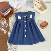 Summer girls’ dress, large lapel sleeveless denim dress, rabbit print vacation dress