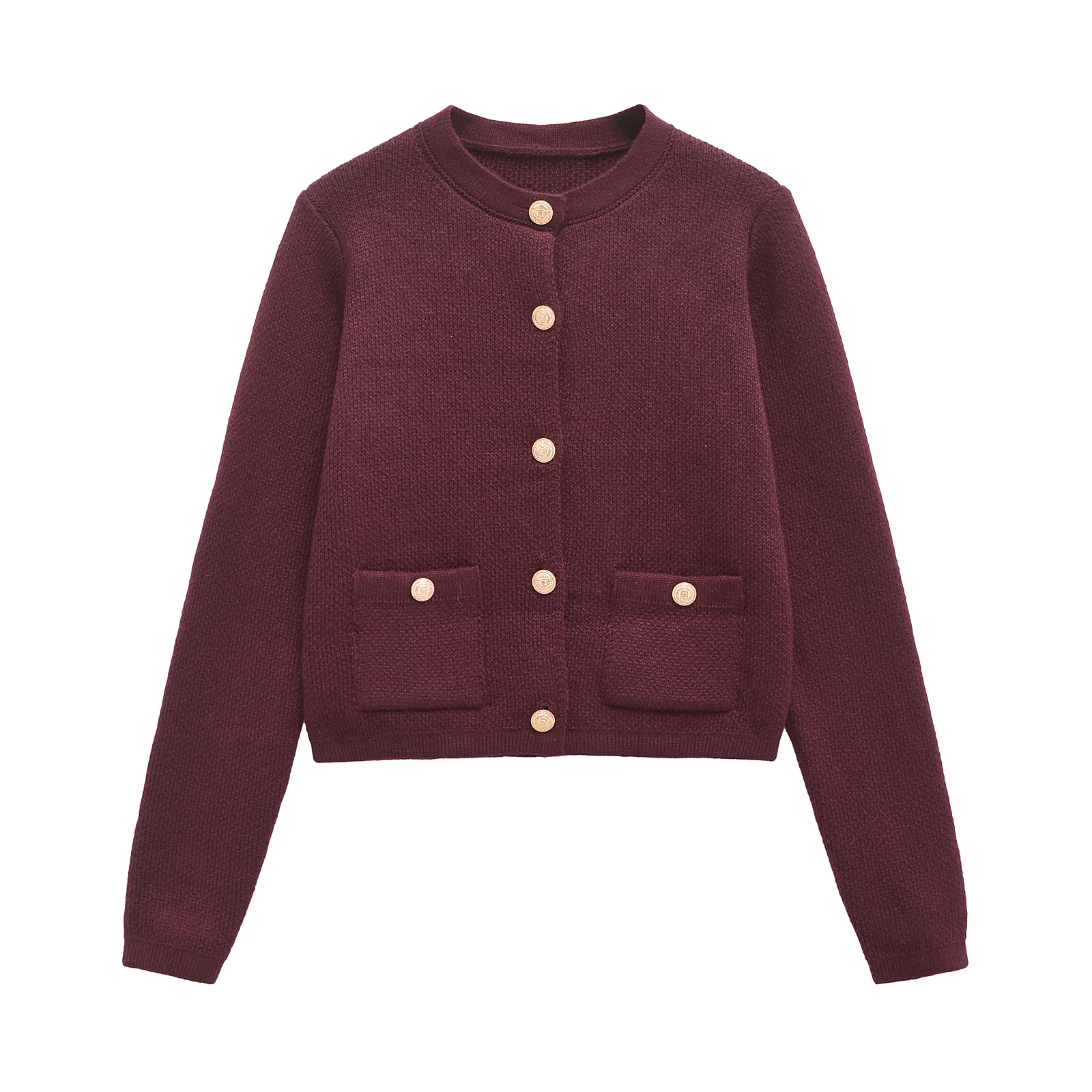 Taop&Za women's 2024 autumn and winter new knitted cardigan round neck solid color single breasted short sweater jacket 6