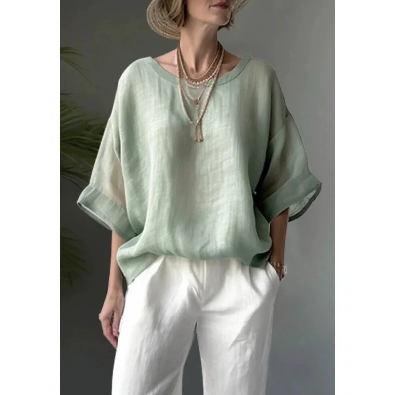 Women Solid Color Loose Fit Half Sleeve Blouse Top