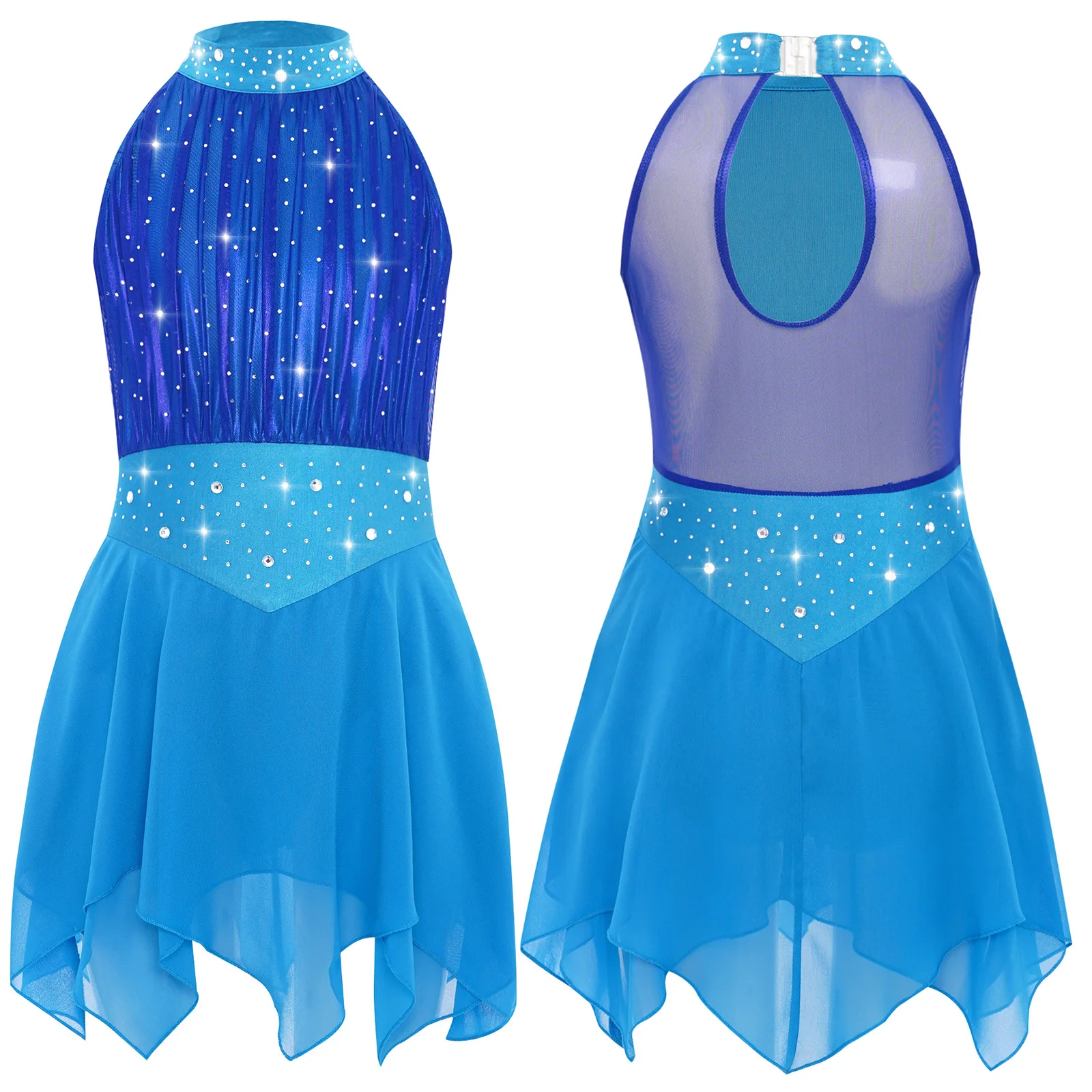 Eiskunstlauf-Kleid für Teenager-Mädchen, lyrisches Tanz-Gymnastikkleid, ärmellos, glänzende Strasssteine, durchsichtiges Netz, Chiffon-Saum, Trikot-Kleider – Detail 7