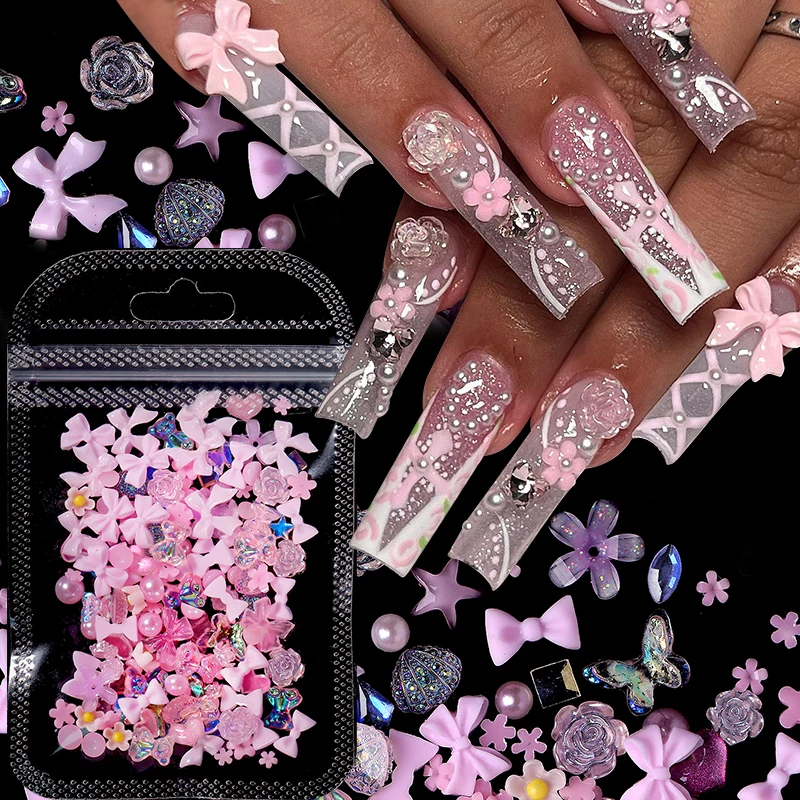 1Bag Mix Colorful Jelly Clear Ribbon Bowknot Nail Charms Heart Pearls Flower Flat-back Gems Parts Nail Art Manicure Decorations 2