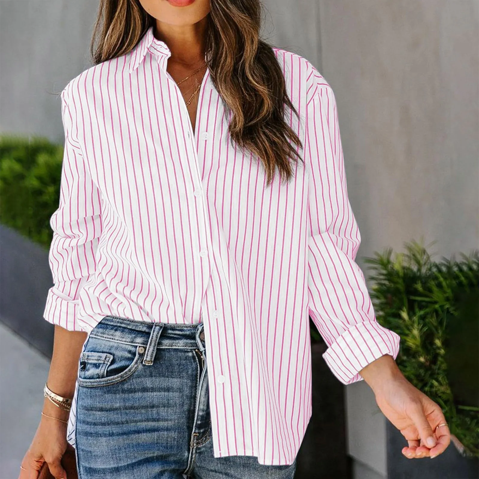 

Women Fashion Striped Print Loose Blouse 2024 Turndown Collar Office Shirt Oversize Women Long Sleeve Shirts Lady Stripes Blouse