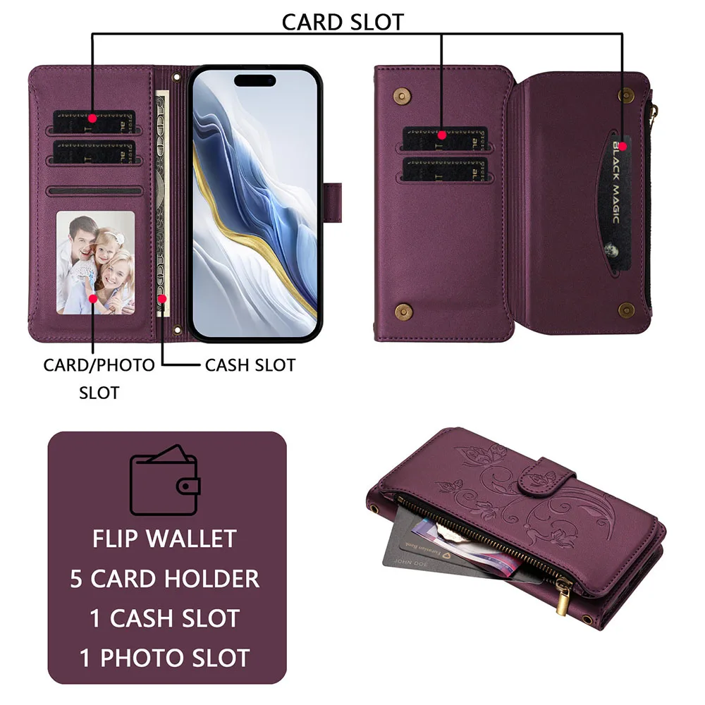 Multi Card Slot Wallet Case with Zipper Cover and Long Lanyard
