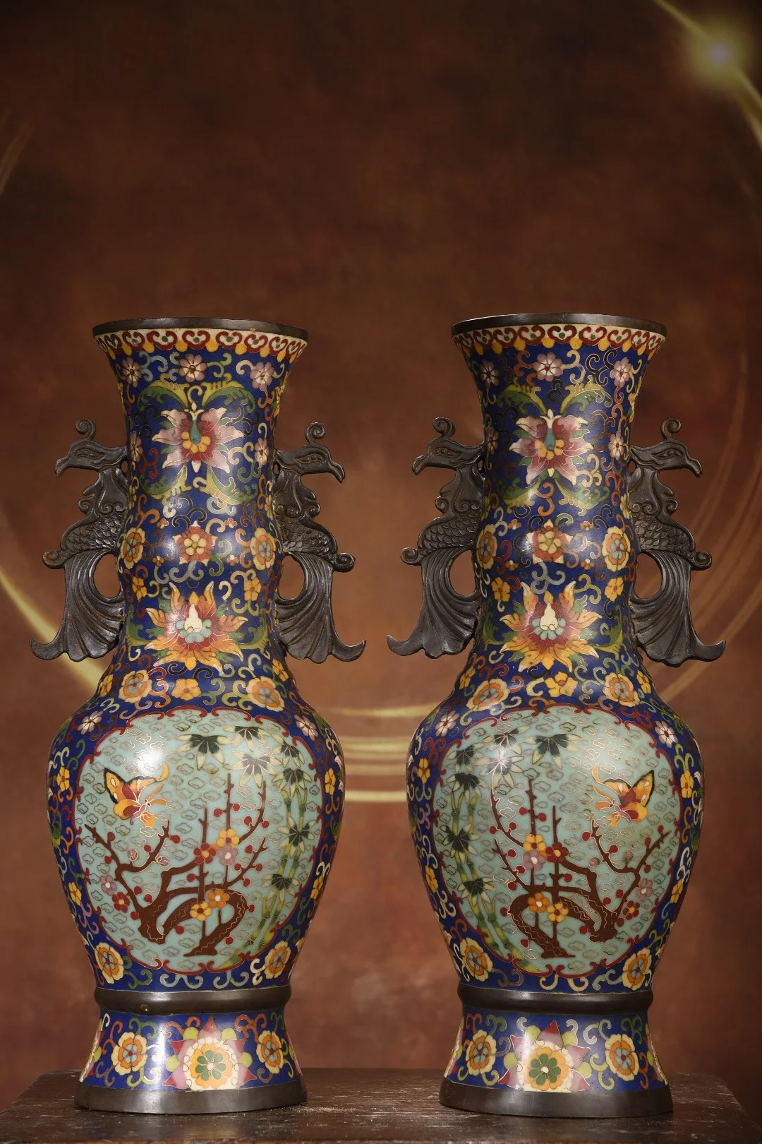 

17"Tibetan Temple Collection Old Bronze Cloisonne Enamel plum blossom Phoenix Ear Vase A pair Appreciating Bottles Town House