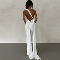 Women's One-Shoulder Sleeveless Maxi Dress Adjustable Scarf Loop Ruched Backless Bodycon Festival Party Outfit Elegant Long Gown - Image 2