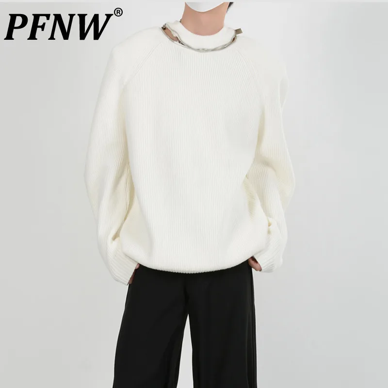 

PFNW Men's Tide Round Collar Sweater Shoulder Pad Knitted Metal Zipper Design Chic Pullover Autumn Winter Fashion Top 12Z5008
