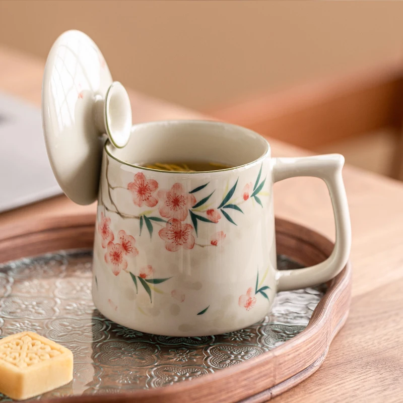 Chinese Style Flower Pattern Mugs, Home Personal Office Cute Teacup, With Cover, Creative Separated Tea Cups for Tea, 350ml, 1Pc