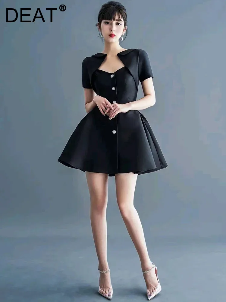 

DEAT Elegant Dress Sleeveless High Waist A-line Diamond Buttons Women Black Satin Mini Dresses 2024 Spring New Fashion 13DB4585