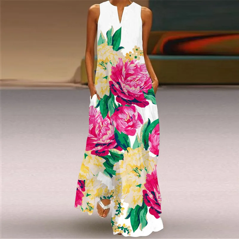 MOVOKAKA Spring Summer Print Long Dress Women Beach Holiday Casual Fashion Elegant Dresses Party Sleeveless V Neck Maxi Dresses