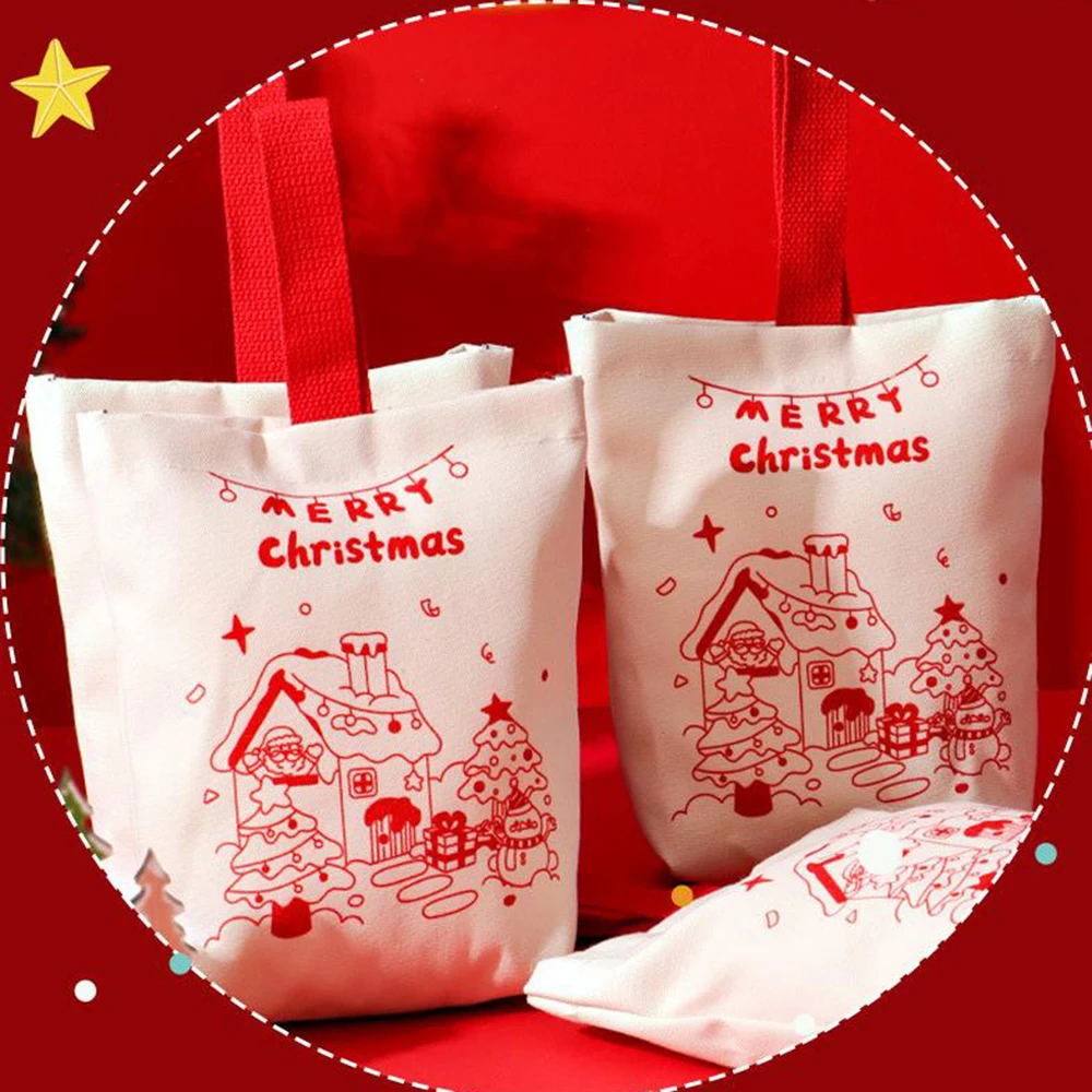 Christmas Candy Bag Red Canvas Handbag Handheld Gift Bag Festive Christmas Gift Bag For Santa Visit Christmas Eve