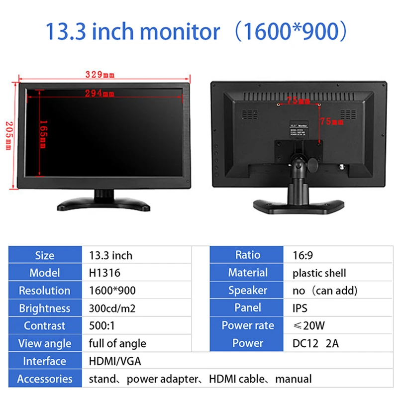 13.3 ġ ǻ  PC 1920*1080 16:9 ̵ ũ LCD ÷, AV/BNCVGA/HDMI/USB ӿ Ʈ 