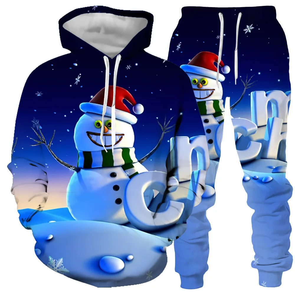 

Рождественский детский комплект с толстовкой и 3D-принтом снеговика, мужская и женская спортивная одежда, зимний костюм из двух предметов