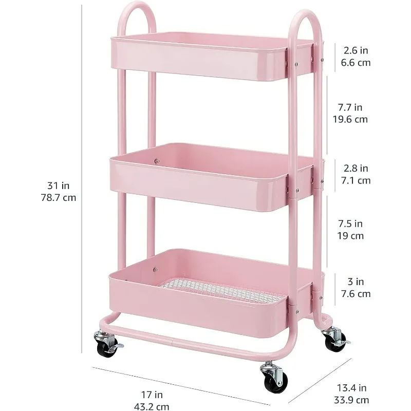 3-Tier Rolling Metal Storage Organizer Mobile Utility Cart Kitchen Cart with Caster Wheels for Bathroom Office