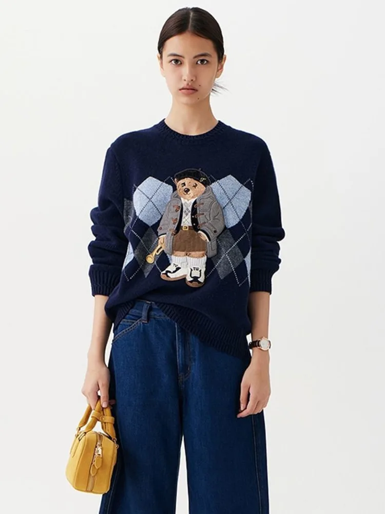 High Street Luxury French Ladies Embroidery Bear Knitted Pullover Sweater For Women Fashion Casual Knitwear Tops Pull Femme 2