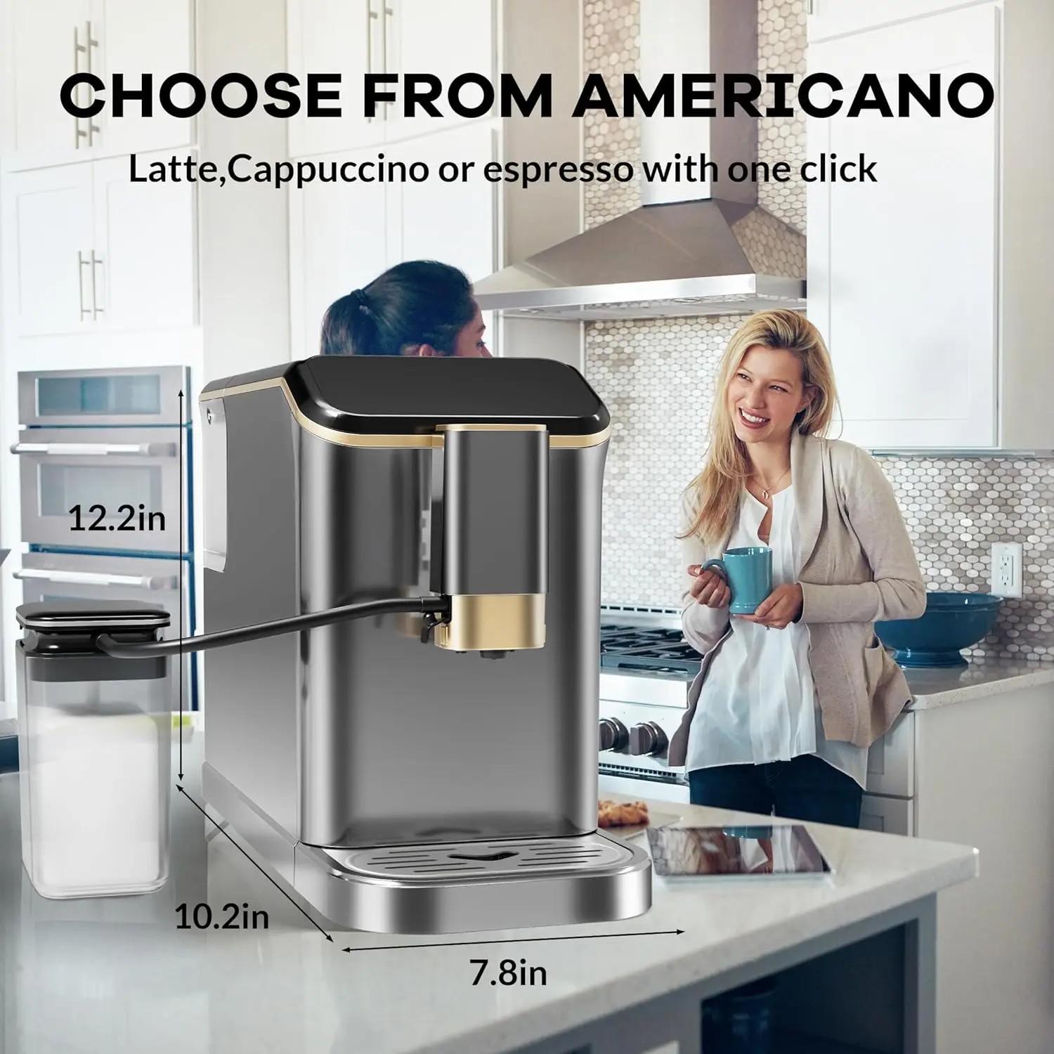 Grey Gold Fully Automatic Espresso Machine, 20 Bar Coffee Machine with Grinder & Automatic Milk Frother, One-Touch Control Panel