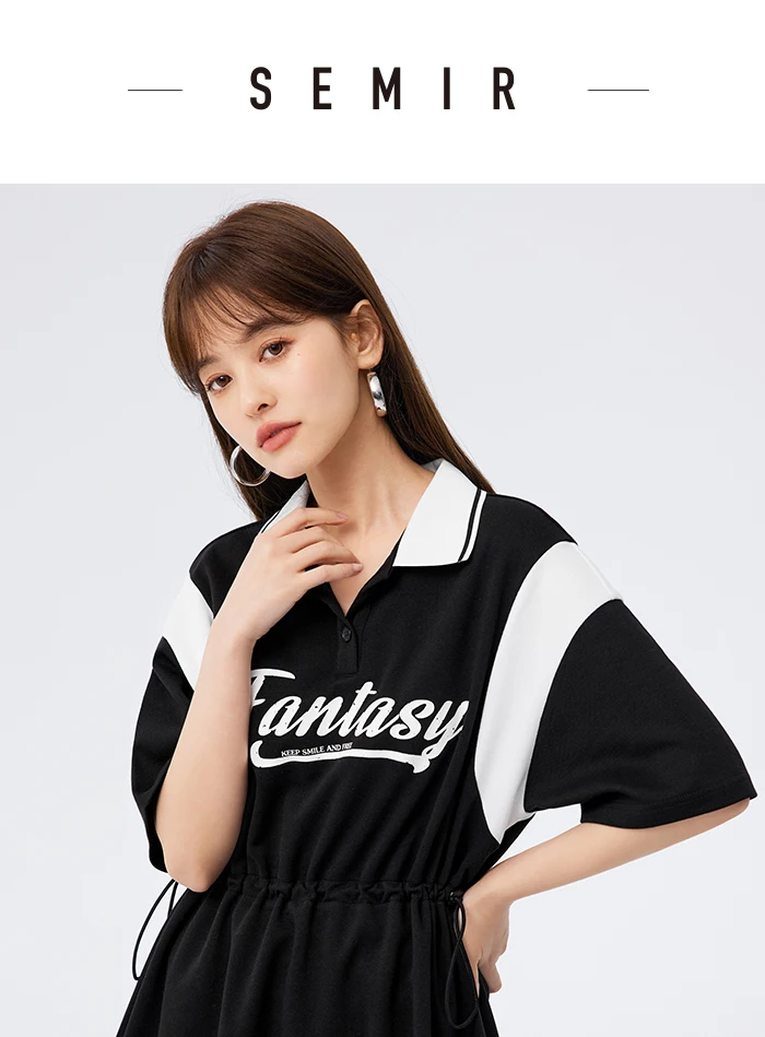 Dress Women's Letter Contrast Loose Short Dress Summer New Retro Waist Polo Dress