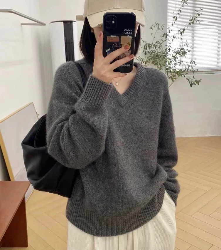 Autumn/Winter New Cashmere Sweater Women's V-Neck Knitted Pullover 100% Pure Wool Thick Tops Casual Loose Fashion Korean 5