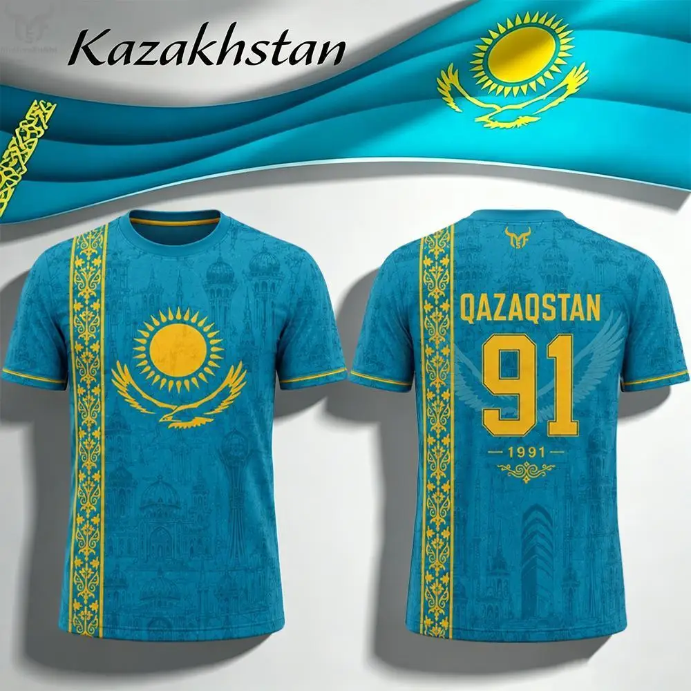 Kasachstan Ethnischer Stil Bedrucktes Fußball-T-Shirt Sommer Outdoor-Sport Atmungsaktives Schnelltrocknendes Fußballtrikot Unisex Freizeit-Oberteil