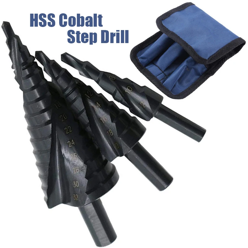3Pcs/Set 4-32mm HSS Cobalt Step Drill Bit Set Nitrogen High Speed Steel Spiral for Metal Cone Triangle Shank Hole Metal Drilling