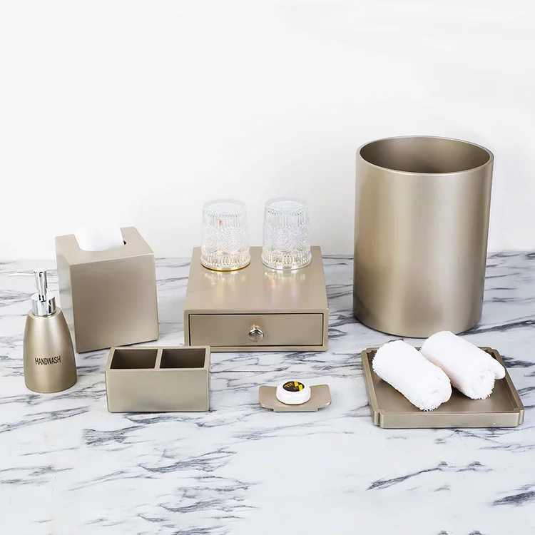 

Luxury Design Bathroom Accessories Golden Set Lotion Bottle,Tumbler, Soap Dish,Waste Bin