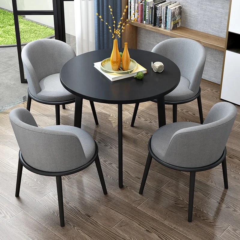 Simple Nordic Price Balcony Coffee Shop Marble Pattern White Round Table Linen Leather Cover Dining Set With 4 Chairs