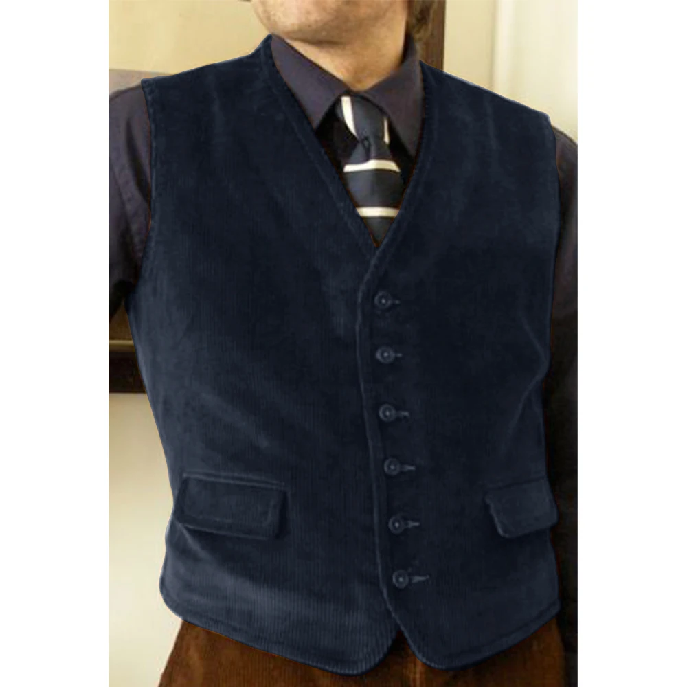 Men's Corduroy Vests Brown Single Breasted V Neck Waistcoat for Men Retro Slim Fit Suit Vests Sleeveless Jacket Male Costume